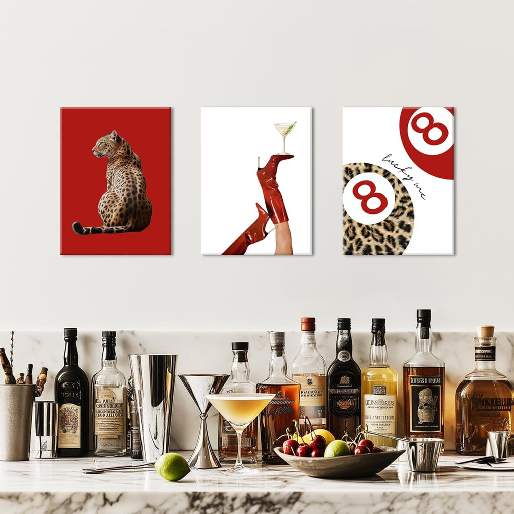 Skiennix Leopard Canvas Wall Art Set of 3 - Red Cheetah High Heel & Lucky 8 Ball Prints | 16x24 Inch Framed Decor for Girls' Bedroom