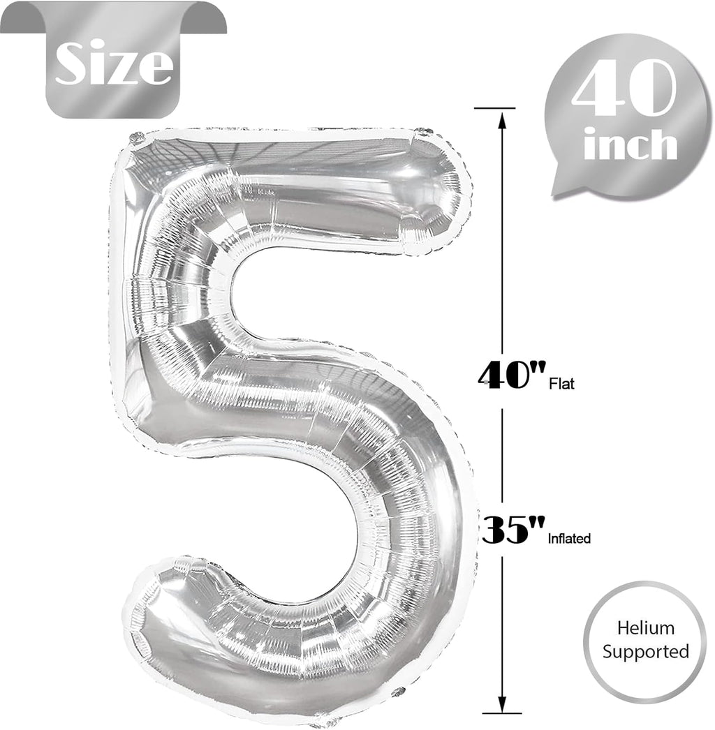 Silver 5 Balloon | 40-Inch Number 5 Balloon for 5th Birthday Decorations & Party Supplies