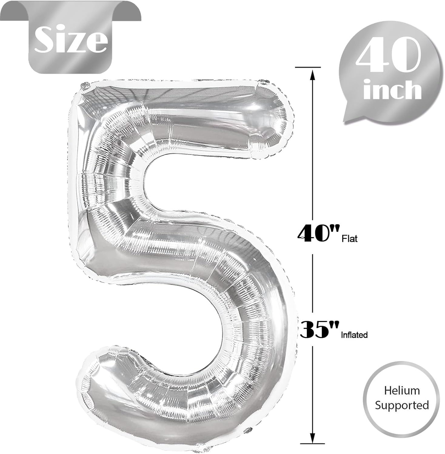 Silver 5 Balloon | 40-Inch Number 5 Balloon for 5th Birthday Decorations & Party Supplies