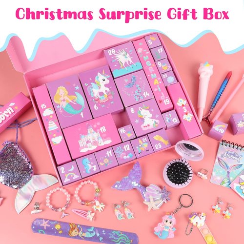Labeol Advent Calendar 2025 Girls, Christmas Kids Advent Calendar 2025, 24 Days Surprise Xmas Countdown Gifts with Hair Accessories, Jewelry, Stationery,Coin Purse for Kids Girls Toddlers Party Favors