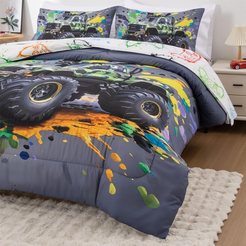Holawakaka Boys Twin Size Off-Road Camo Racing Truck Print Bedding Comforter Set with Sheets, Cartoon Camouflage Race Trucks Bed in A Bag 5 Pieces Kids Teens Car Dorm Reversible Bed Sets
