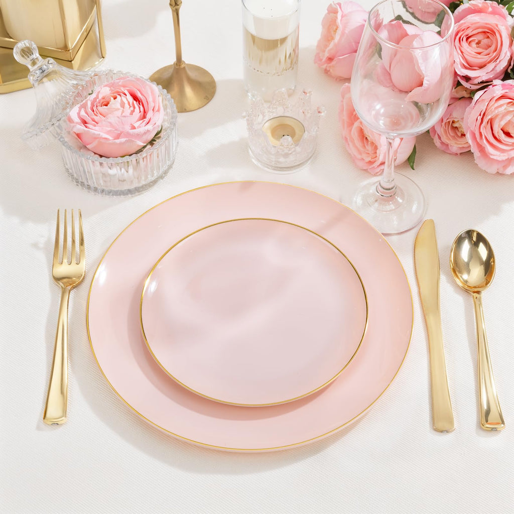 PULOTE 200Pieces Pink Plastic Plates - Premium Hard Pink and Gold Disposable - Include 100PCS 10 inch Dinner & 100PCS 7 inch Dessert Plates, Ideal for Wedding, Party & Mother's Day