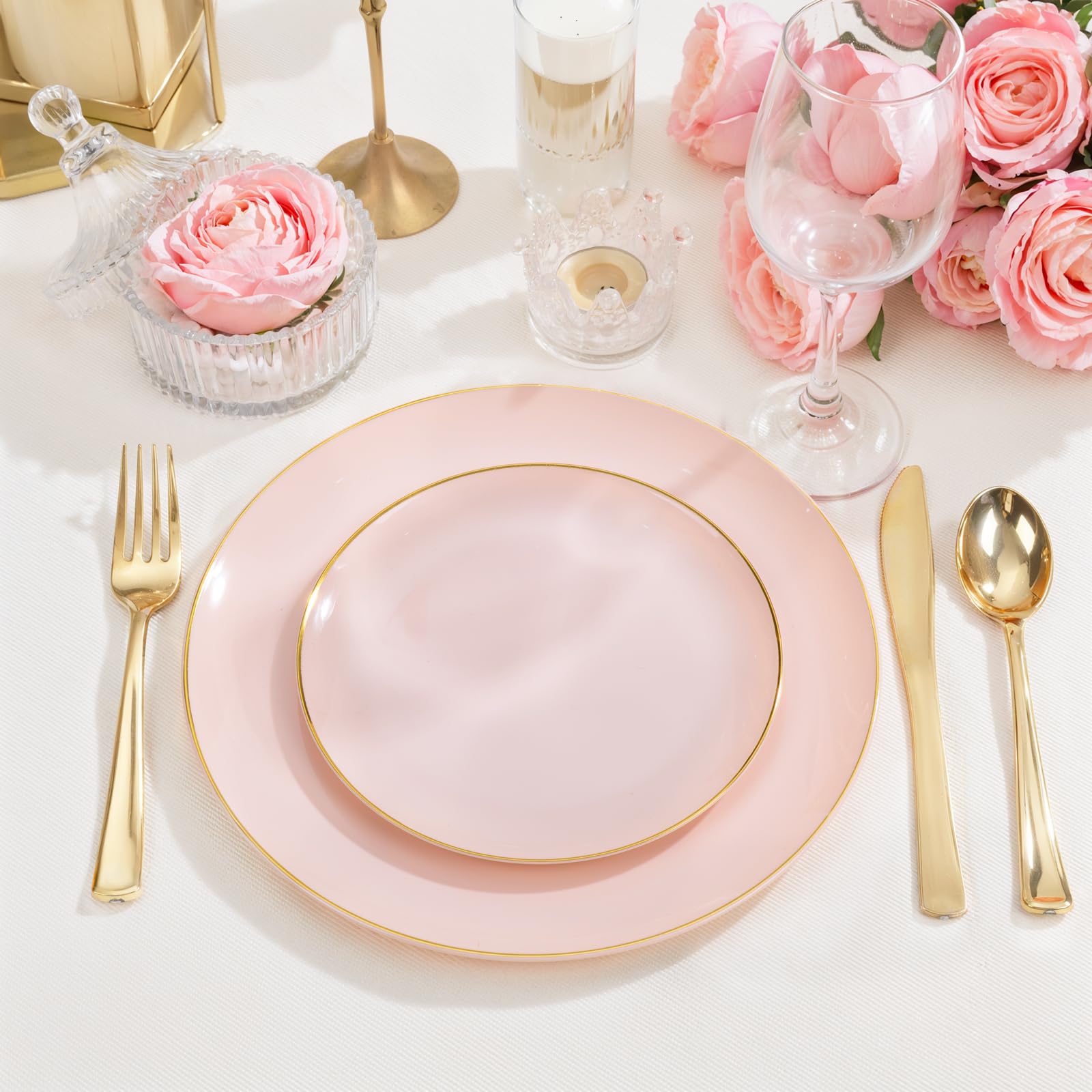 PULOTE 200Pieces Pink Plastic Plates - Premium Hard Pink and Gold Disposable - Include 100PCS 10 inch Dinner & 100PCS 7 inch Dessert Plates, Ideal for Wedding, Party & Mother's Day