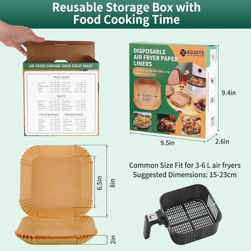 Air Fryer Liners | 150 PCS Non-Stick Parchment Paper for 5-8QT Air Fryers - Oil-Proof 8 Inch Square
