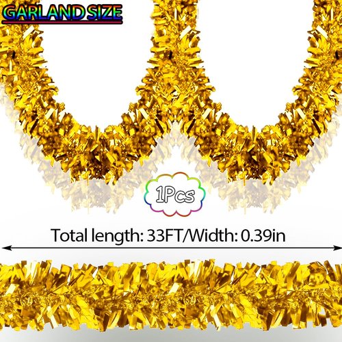 33Ft Christmas Tinsel Garland Shiny Thick Gold Tinsel Decor Xmas Tree Decorations Metallic Twist Foil Garland for Christmas Birthday Holiday New Year Parties Indoor Outdoor Party Supplies - Gold
