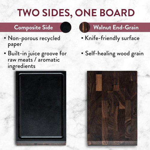 STEELPORT Mini Cutting Board 9"x6" - Steel Reinforced, Utlra-thin Butcher Block | Dual Sided - End-grain Walnut Wood, Composite Side | Chopping Board with Juice Groove | USA Made for Home, Chefs