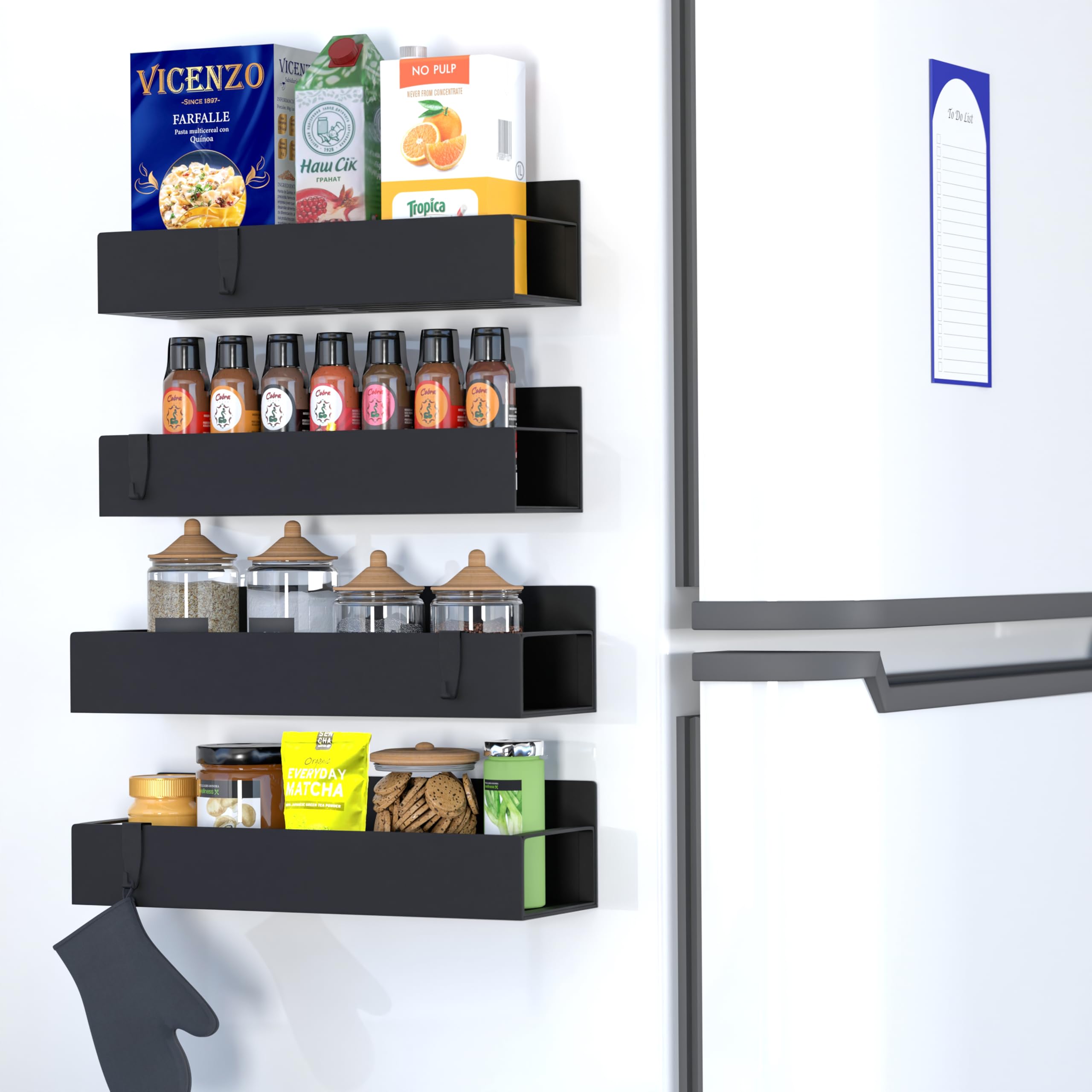 Global Digitronix Metal Magnetic Spice Rack for Refrigerator – 4 Pack Strong Magnet Organizer Shelves with Notepad – Black Heavy-Duty Spice Storage for Kitchen, Pantry, Laundry, Apartment, RV