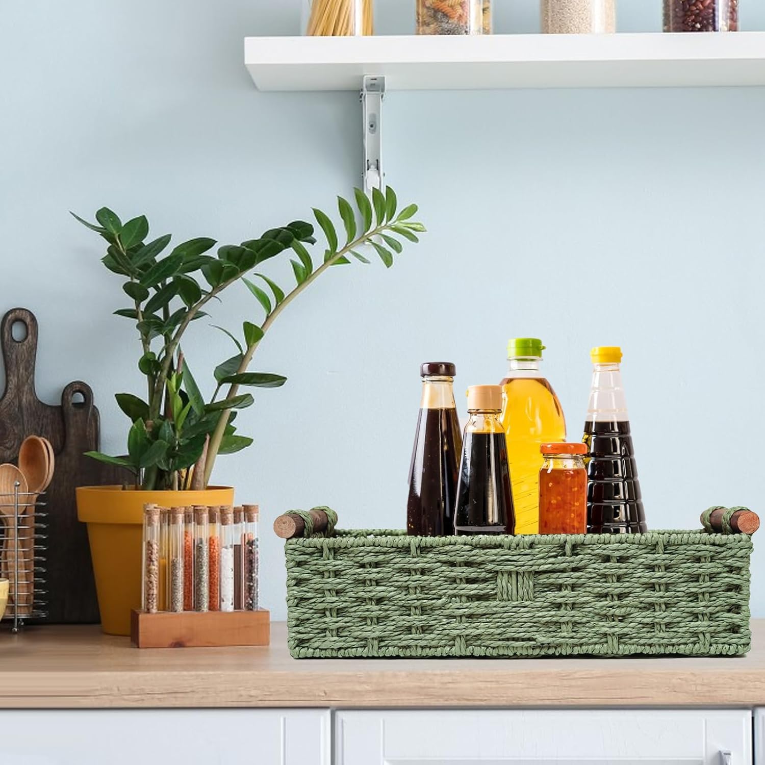 Skiennix Round Paper Rope Storage Basket - Decorative Wicker Organizer with Handle | Green, Small Size
