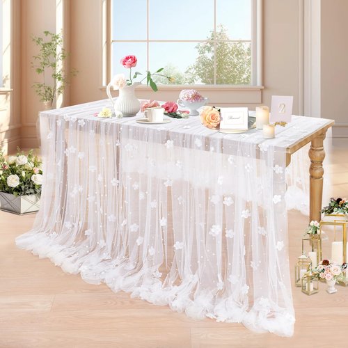 10Pcs 10ft White Pearl Tulle Tablecloth: Flower Pearl Table Runner Tulle Fabric Wedding Table Cover for Bridal Shower Veil Dessert Sweetheart Ceremony Lace Table Decorations