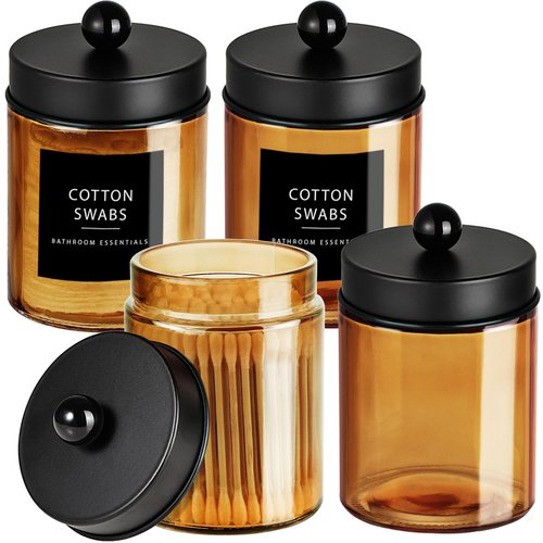 Amolliar Bronze Glass Apothecary Jar, Qtip Holder Metal Lid & Stickers, Bathroom Qtip Dispenser Storage Canister, Perfect for Cotton Balls, Cotton Swabs, Makeup Pads, Bath Salt, Floss, 4 Pack (Black)
