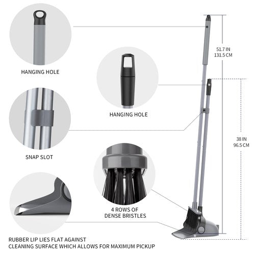 MR.SIGA Broom and Dustpan Set with Adjustable Long Handle, Upright Combo for Floor, Cleaning Lobby, Gray