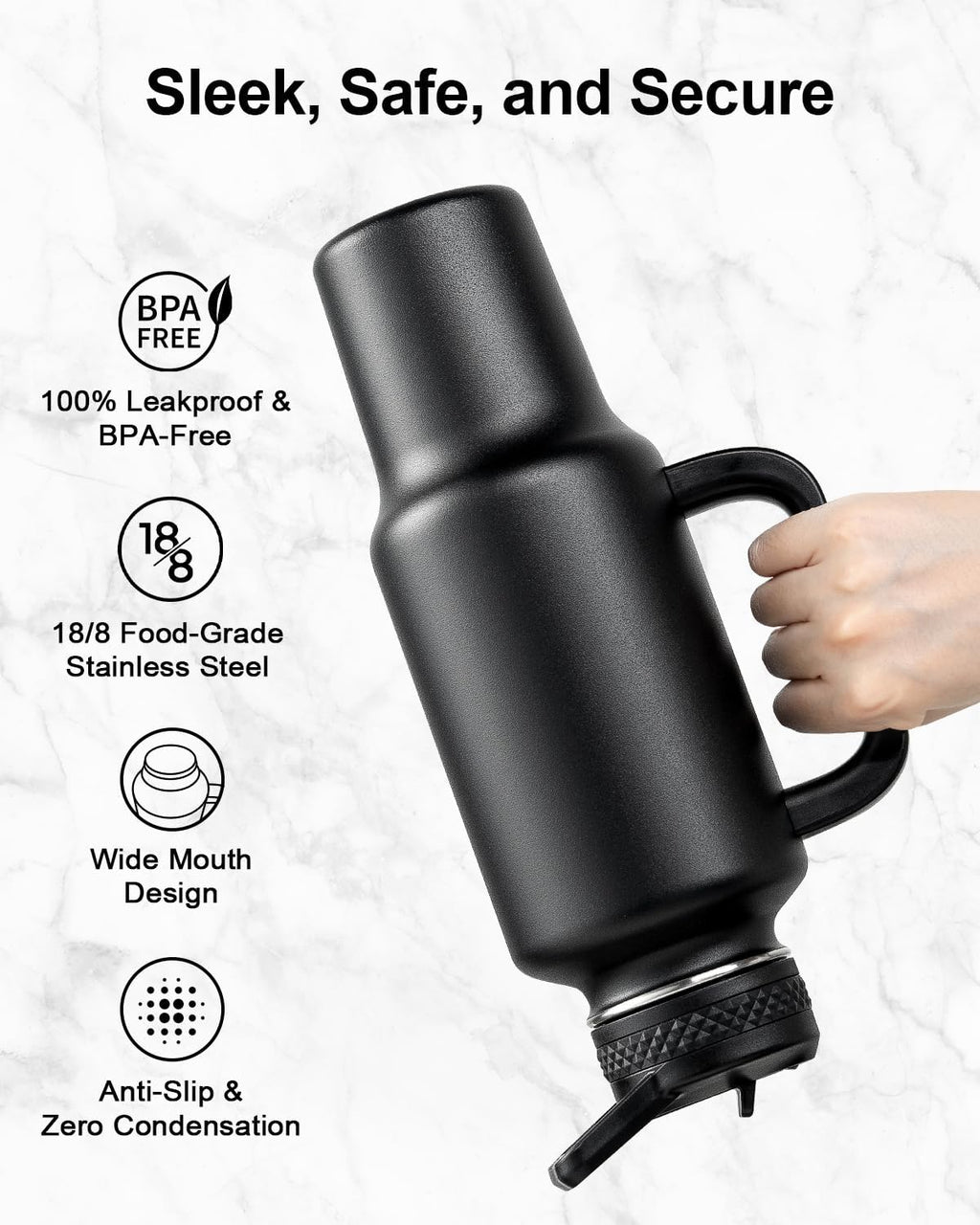 Trebo 40 oz Insulated Water Bottle - Stainless Steel Travel Flask with Handle & Leakproof Lid | Black