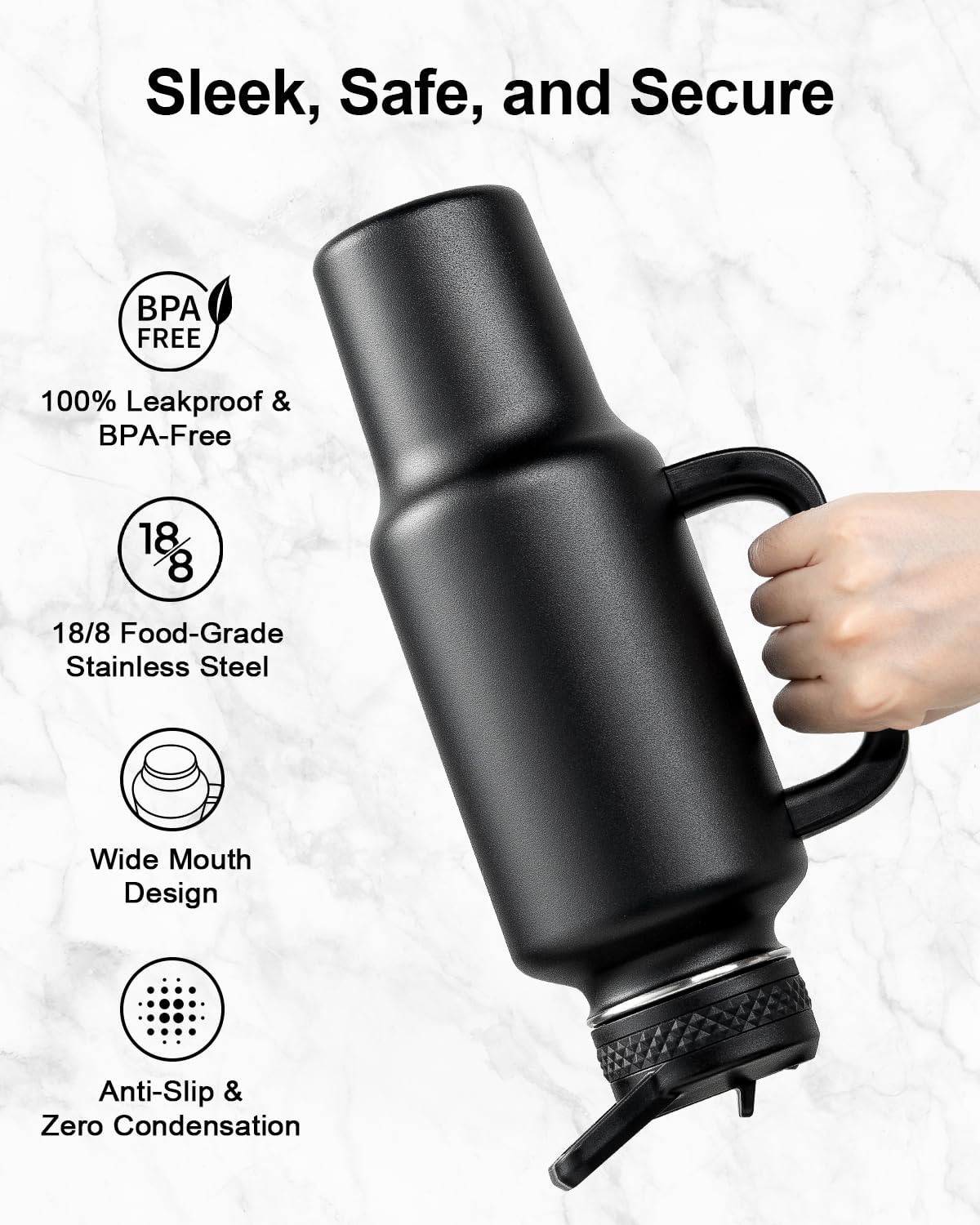 Trebo 40 oz Insulated Water Bottle - Stainless Steel Travel Flask with Handle & Leakproof Lid | Black