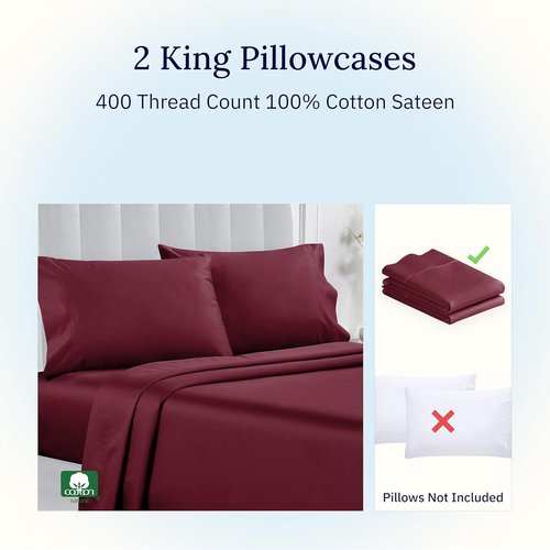 California Design Den King Size Pillowcase Set - 400 Thread Count 100% Cotton Sateen | Soft Breathable Burgundy Red - Set of 2