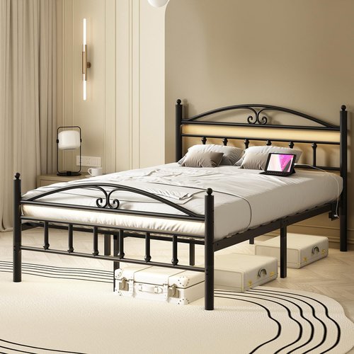 Samurbex Full Size Bed Frame with Charging Station,Black Metal Platform Bed Frame with LED Lights,Heavy Duty Metal Steel Slats Support,No Box Spring Needed,Noise Free,Easy to Assemble
