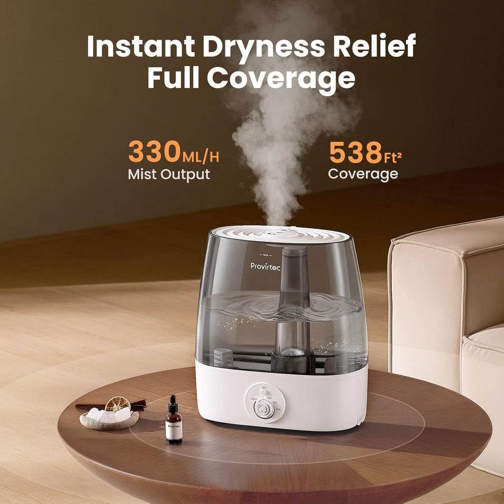 Provirtec 6.5L Humidifier - Ultra Quiet Cool Mist for Large Rooms | Low Maintenance, Top Fill Design, 65H Runtime