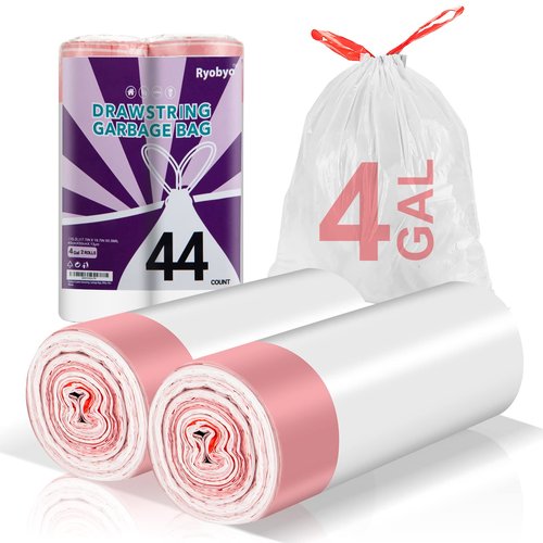Small Trash Bags 2-4 Gallon Drawstring-Ryobyo Small Garbage Bag Extra Strong, Unscented, Stretchy, Quick Cinch for Bathroom Kitchen, White 44 Count