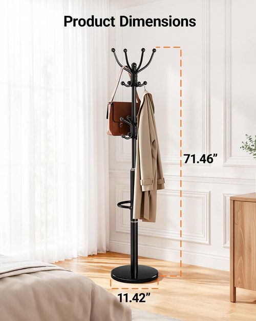 Pipishell Metal Coat Rack with Sturdy Marble Base, Coat Tree with 16 Hooks & Detachable Umbrella Holder, Freestanding Coat Rack for Entryway, Corner, Bedroom and Home Office, Black