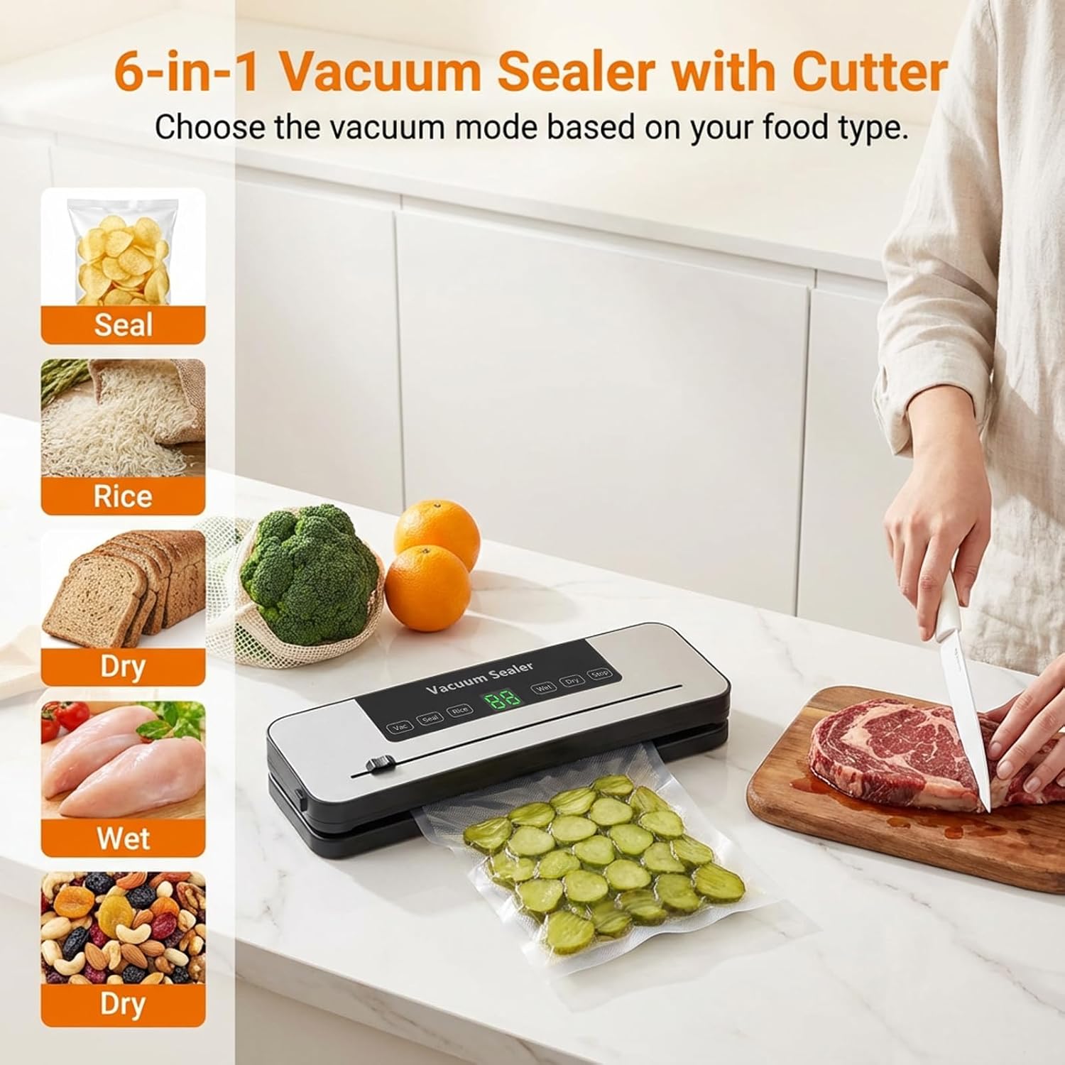 Vacuum Sealer Machine - Skiennix 6-in-1 Automatic Food Sealer with Built-in Cutter & 30 Bags | Compact for Freezer Preservation