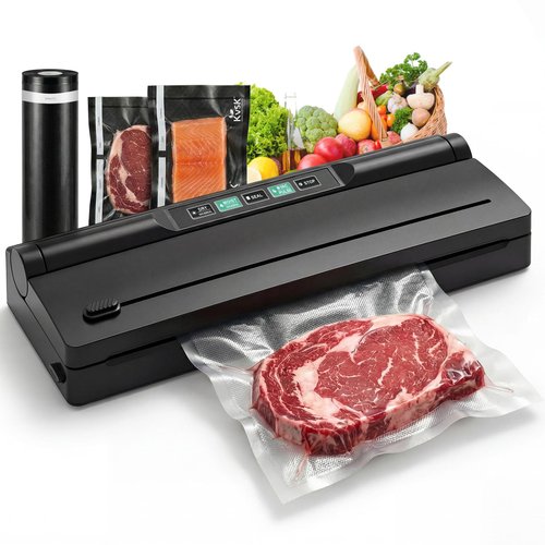 KVSK Vacuum Sealer Machine Automatic Black 6615H Food Preservation Storage, One-Click Dry&Moist Vac Seal Mode, 60kPa Suction, 11"x9.8' Black Sealer Roll, Liquid Block Cotton Pads, Removable Drip Tray