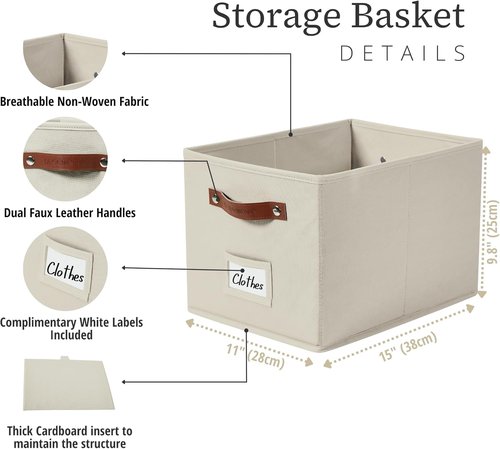 DECOMOMO Storage Baskets - Large 15"x11"x10" Foldable Fabric Bins for Easy Organizing | Beige, 4-Pack