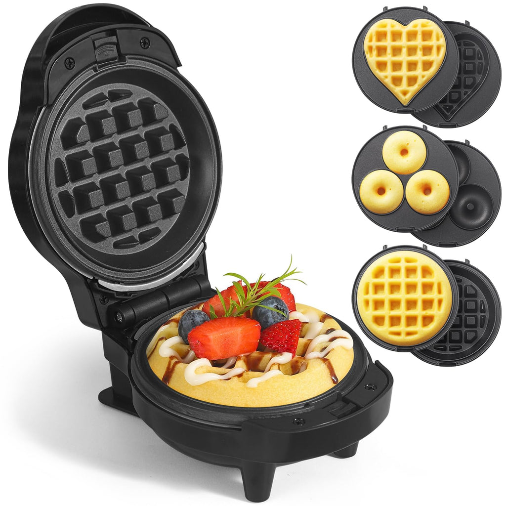 UVFAST Mini Waffles Maker with 6 Removable Plates, 3 in 1 Small Waffle Maker Mini- Waffle, Heart Waffle, Donut, 4.5" Non Stick Waffle Iron for Families, Black
