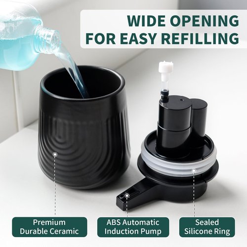 BosilunLife Ceramic Automatic Soap Dispenser with Extended Pump Nozzle, 3 Adjustable Levels, Touchless Foam Hand Wash Foaming Dispenser for Bathroom & Kitchen, Embossed Wave Design, Black, 10oz