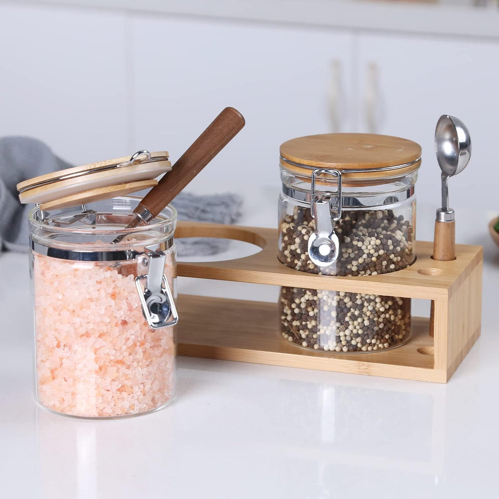Set of 2 Airtight Glass Tea Canisters with Bamboo Lids & Spoons (27oz) - Ultimate Storage Containers for Loose Leaf Tea to Preserve Freshness & Flavor - Elegant Tea Caddy Jars for Kitchen & Pantry