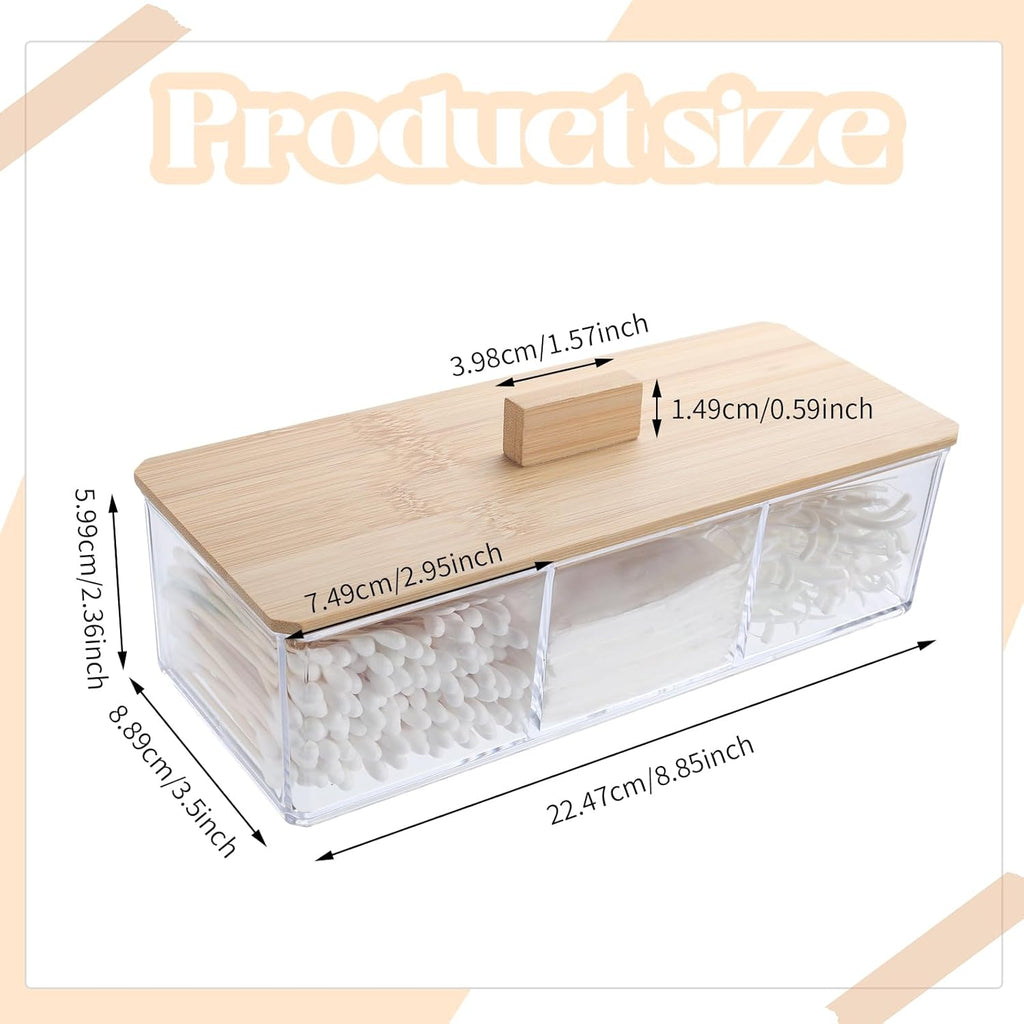 Wood Qtip Holder - 3 Compartment Cotton Ball & Swab Organizer with Lid | Clear Acrylic Makeup Storage