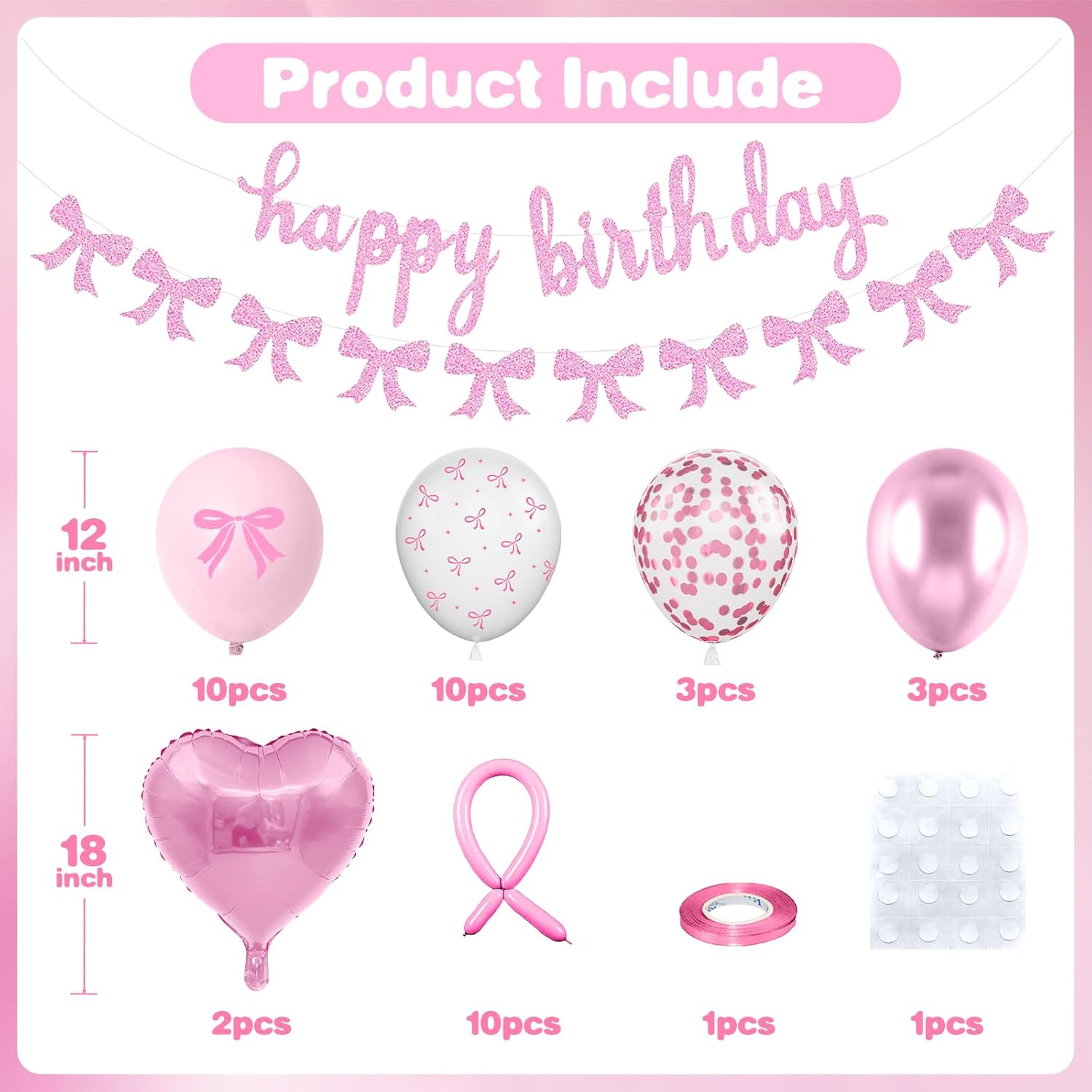 Skiennix Pink Bow Birthday Decorations - Coquette Party Set with Happy Birthday Banner & Heart Foil Balloons