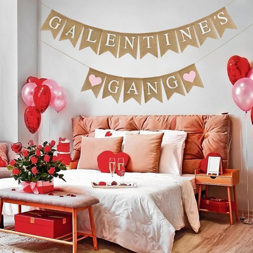 Galentine's Day Decorations Banner Burlap, Pink Heart Galentine Gang Hanging Banner Girl Ladies Party Supplies Photo Props Galentines Theme Decor