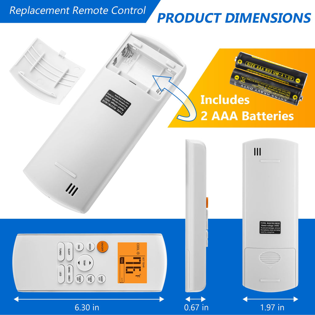 Saillong Smart Replacement Remote Control Compatible with Midea RG57/BGE Ac Air Conditioner, Includes 2 AAA Batteries, Portable Air Conditioner Parts
