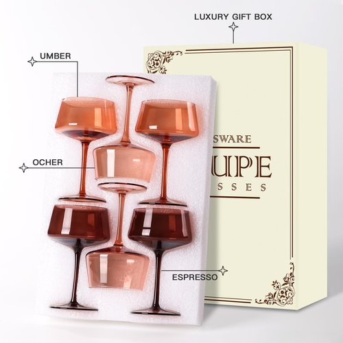 comfit Brown Coupe glasses Set of 6-13 oz Large Capacity Martini Glassware - Amber Colored Cocktail Glasses- 【Hand-Blown】 Colored Champagne Glass-Valentine's Day,Wedding Gifts