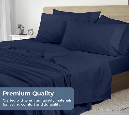 ROYALE LINENS 100% Organic Cotton Queen Sheet Set - Percale Weave - 4 Pieces Set - 1 Flat, 1 Deep Pocket Fitted Sheet and 2 Pillowcases - Navy Bed Sheets - Sábanas Queen - Crisp Cool (Navy)