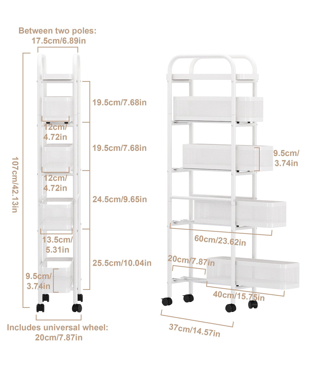 UMDONX Slim Storage Cart 5 Tier with Pull Out Basket Bathroom Organizer Rolling cart, Rolling Utility Cart Slide Out Organizer for Kitchen, Bathroom, Laundry White