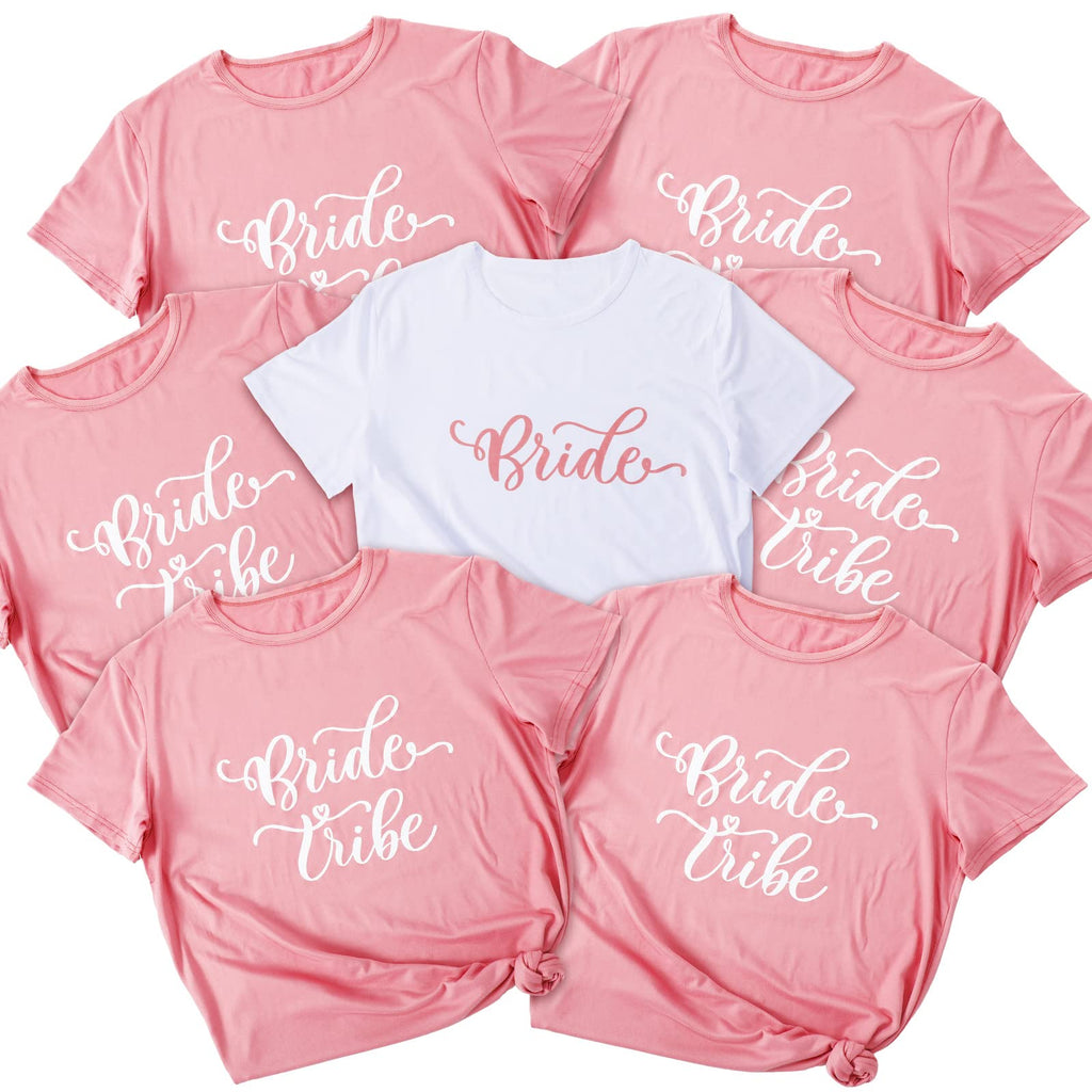 Leumoi 7 Pcs Bachelorette Party Bridal Shirts Bridesmaid Shits for Women 1 White Bride Shirt and 6 Pink Bridesmaid T-Shirt Bridal Parties Matching Set Bulk for Wedding Shower Bride Gift