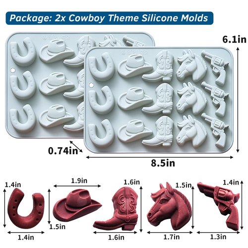 Japleed 2 Pack Cowboy Chocolate Molds, Western Themed Silicone Fondant Jelly Cupcake Cake Decoration Molds, Unique Cowboy Hat Boot Horse Shape Candle Soap Wax Epoxy Resin Mold for Crafts Baking Tool