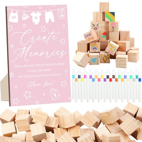 ZCPTZ 97 Pcs Pink Baby Shower Games Sign Kit,Including Decorate a Block Game Sign 72 DIY Blank Wooden Block 24 Pen to Draw Your Idea for Baby Shower Game Gender Reveal Party