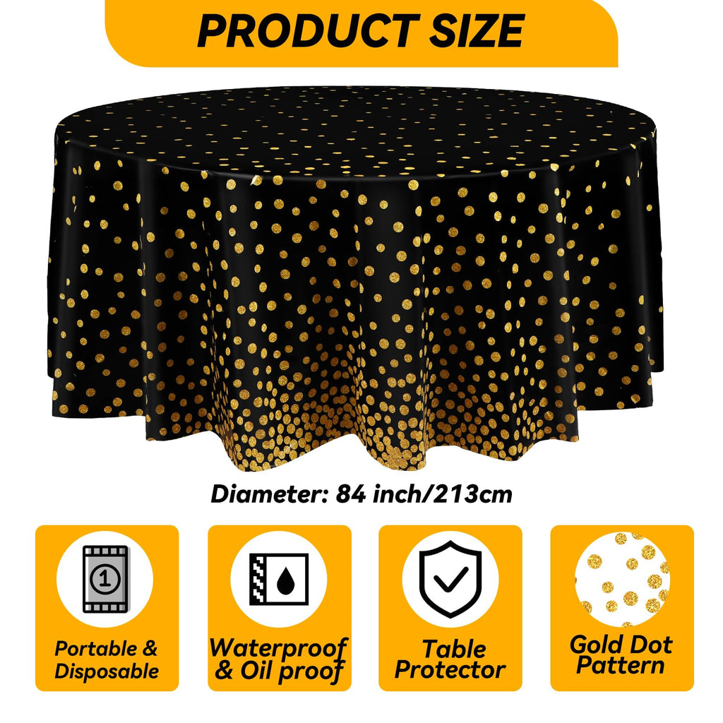 Newwiee 8 Pcs Round Dot Tablecloth 84 Inch Plastic Polka Dot Table Cover Disposable Confetti Tablecloths for Grad Wedding Bridal Shower Birthday Spring Graduate Party Decor (Black,Gold)