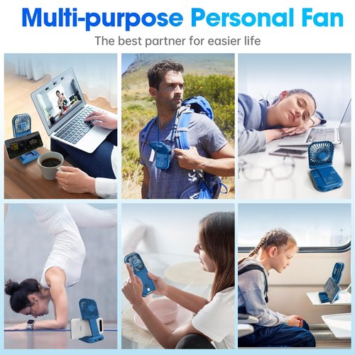 ZEXALIGHT USB Rechargeable Upgraded 5-in-1 Portable Handheld Fan, Necklace Fan, Mini Desk Fan, Foldable Phone Stand, 4 Speeds Airflow, Quiet Personal Fans with LED Digital Screen (Blue)