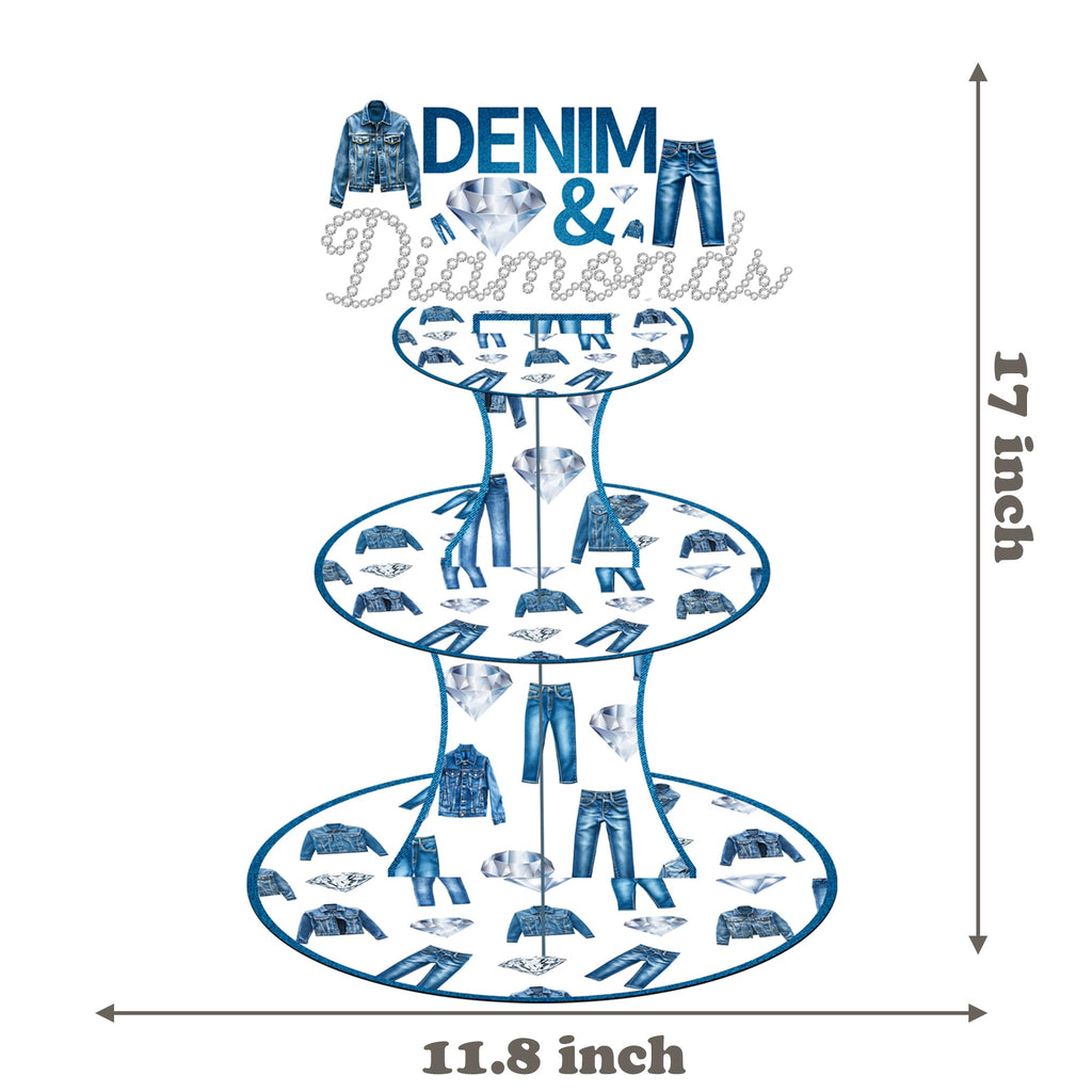umoni Denim and Diamonds Cupcake Stand 3-Tier Denim Jean Cupcake Holder Denim Themed Party Dessert Tower for Crystal Diamonds Party Supplies