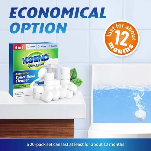 Ksend Toilet Bowl Cleaner Tablets - 20 PCS Automatic Bleach Toilet Cleaner Tablets, Slow-Releasing Deodorizing & Descaling, Powerful Bathroom Tank Cleaner