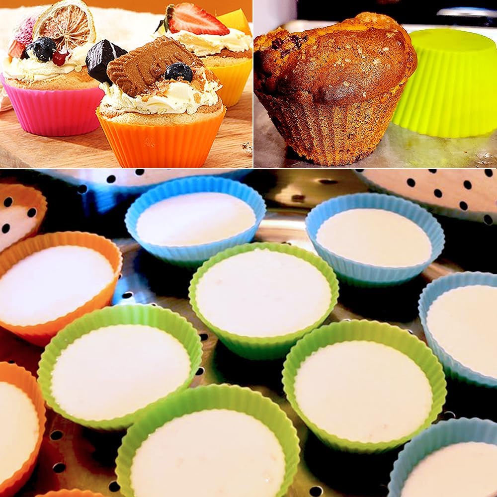 Skiennix Extra Large Silicone Muffin Cups - 12 Pack Reusable Baking Liners | 3.54 Inch Multicolor