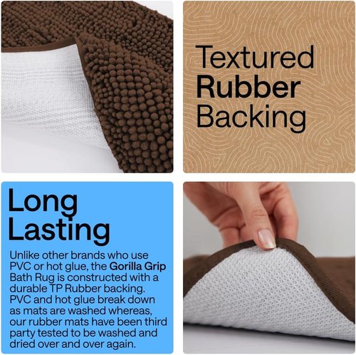 GORILLA GRIP Plush Chenille Bath Rug Mat - Soft, Absorbent, Machine Washable | Brown, Square Toilet Base
