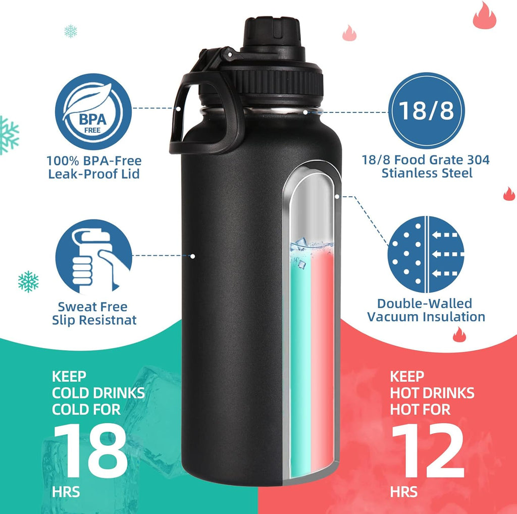 Volhoply 32 Oz Insulated Water Bottles - 4 Pack with Straw & Spout Lids | Leakproof Stainless Steel Flasks for Hiking & Camping