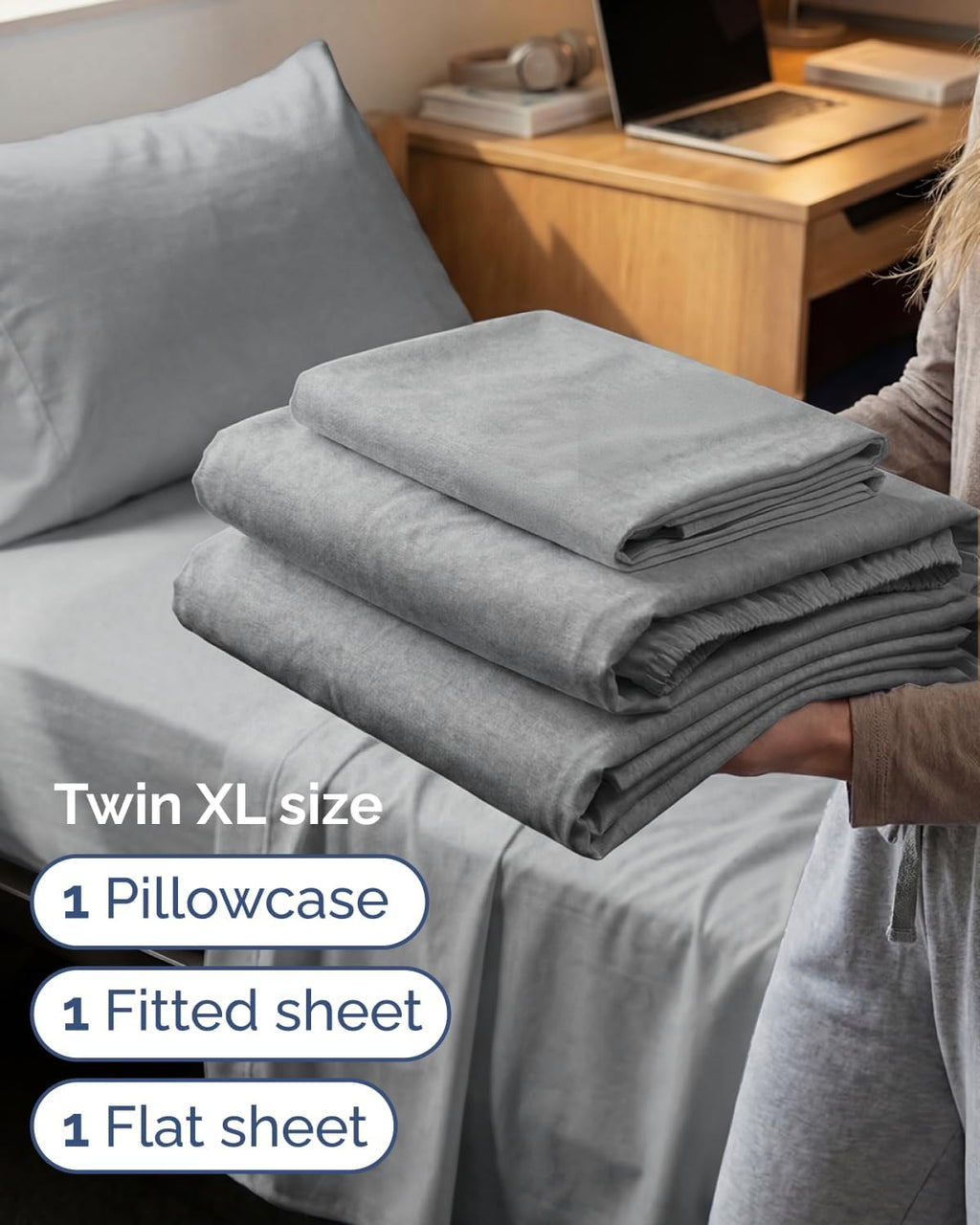Skiennix Twin XL Sheet Set - Comfy Cooling Bed Sheets with Deep Pockets - Luxury Grey 3-Piece Bedding