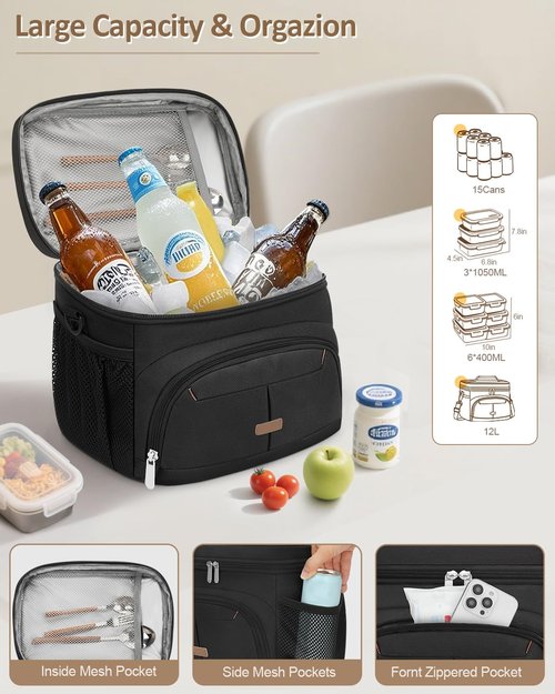 Pritent Lunch Box for Man Women, Insulated Lunch Bag Cooler Bag Leakproof Lunchbox Lunch Tote Bags with Removable Strap for Work School Picnic Travel (Black/12L
