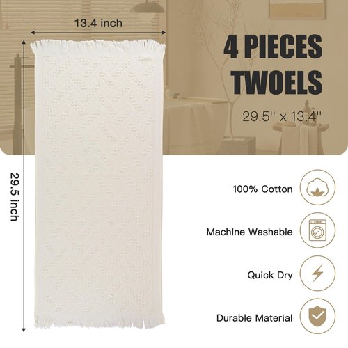 JOHOKAKITI Boho Bathroom Decor Hand Towel 4 Pack 100% Turkish Cotton 14 x 30 Inch Boho Kitchen Hand Towel Guest Tea Gift (Beige)