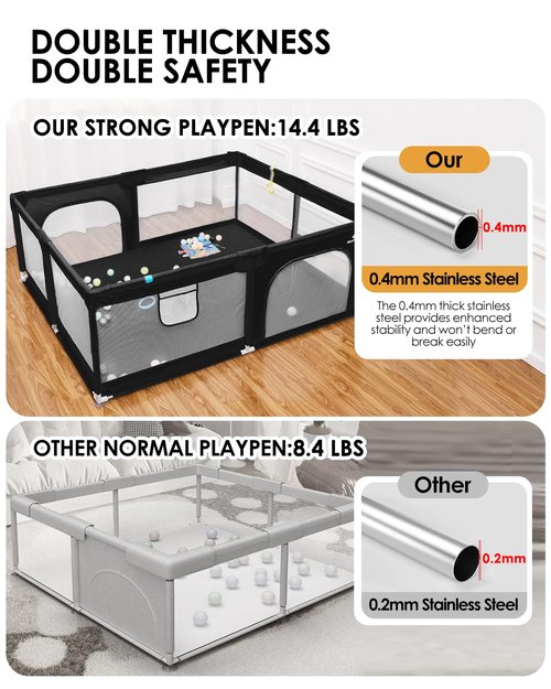 dearlomum Baby Playpen with Non Removable Mat, Extra Large Play Yard for Babies & Toddlers, Portable Travel Playpen, Baby Activity Center for Indoor & Outdoor Use (Black 59"×71")