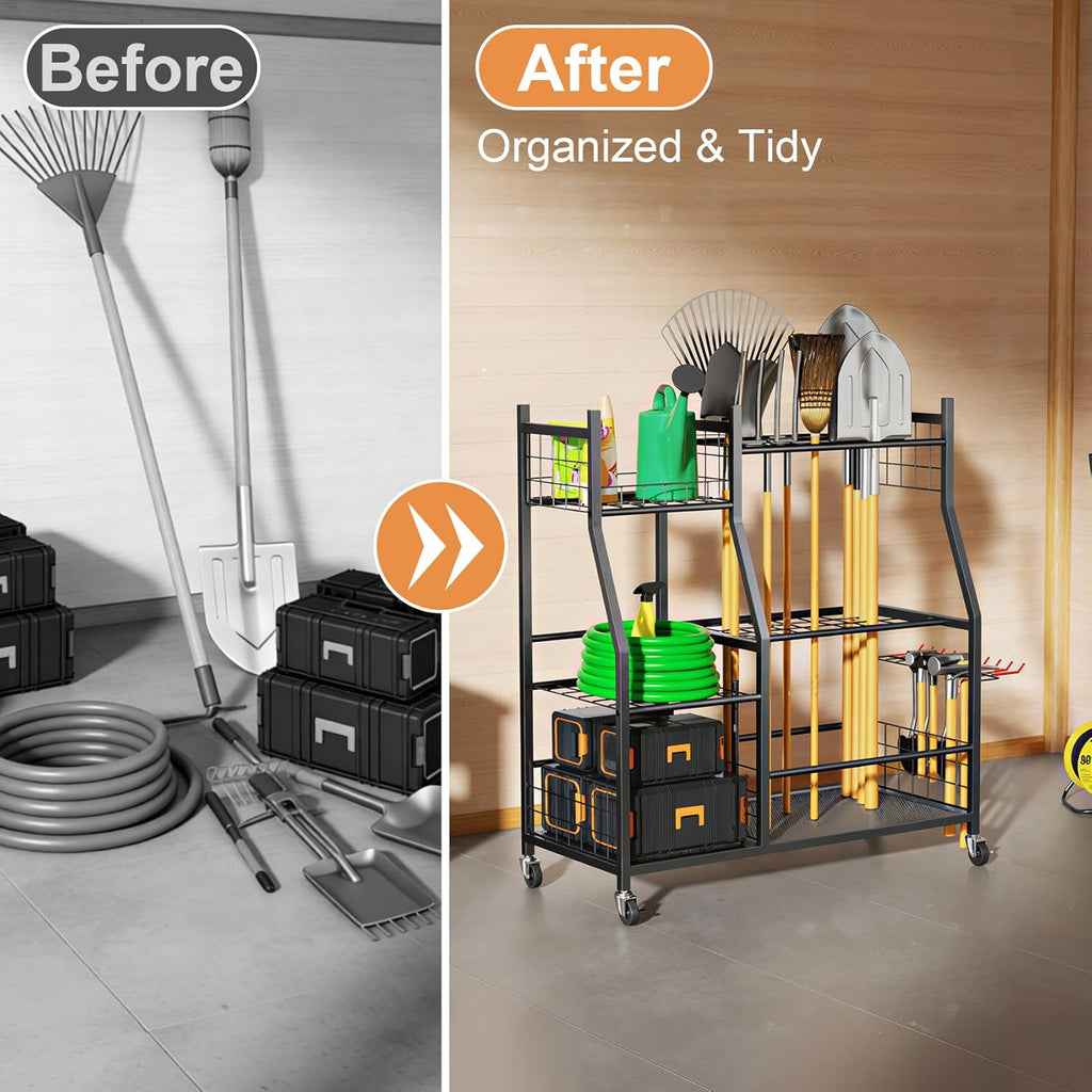 Skiennix Garden Tool Organizer - Freestanding Rolling Cart for Long Handled Tools | Yard Storage Rack